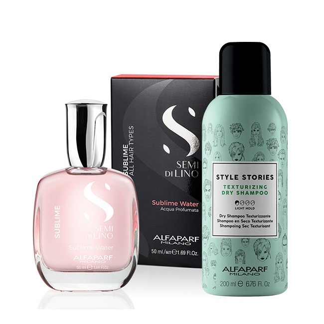 Set Alfaparf Sampon uscat Style&Care 300 ml + Apa parfumata pentru par si corp Sublime Water 50 ml