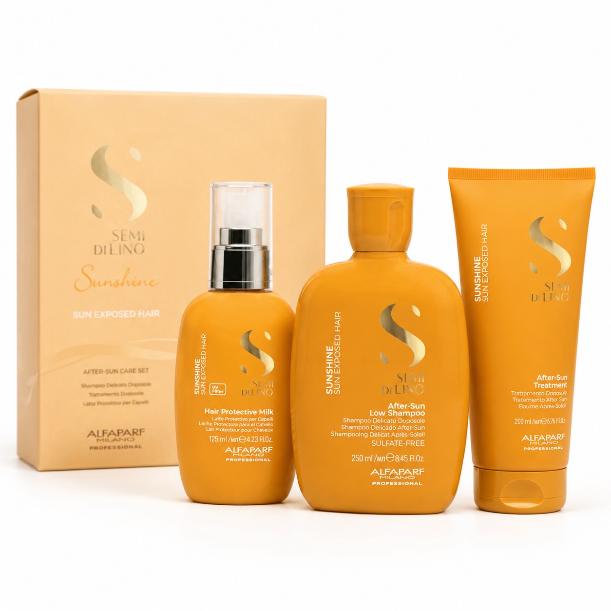 Set Alfaparf Semi di Lino Sunshine After-Sun – Sampon, 250 ml + Tratament, 200 ml + Leave-in protectie UV, 125 ml