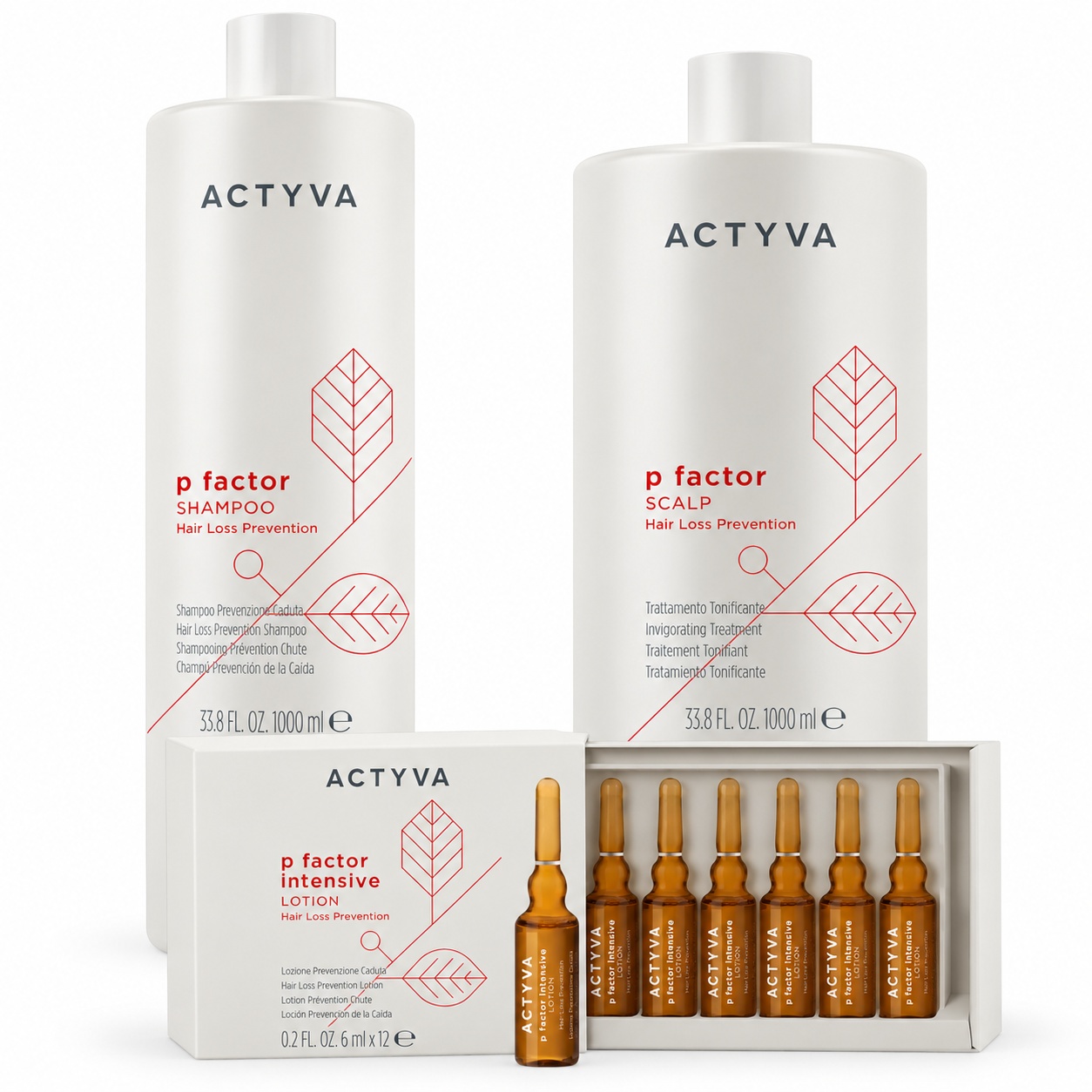 Set anti-caderea parului Kemon Actyva P Factor, Sampon 1000 ml + Tratament 1000 ml + Lotiune 12 x 6 ml