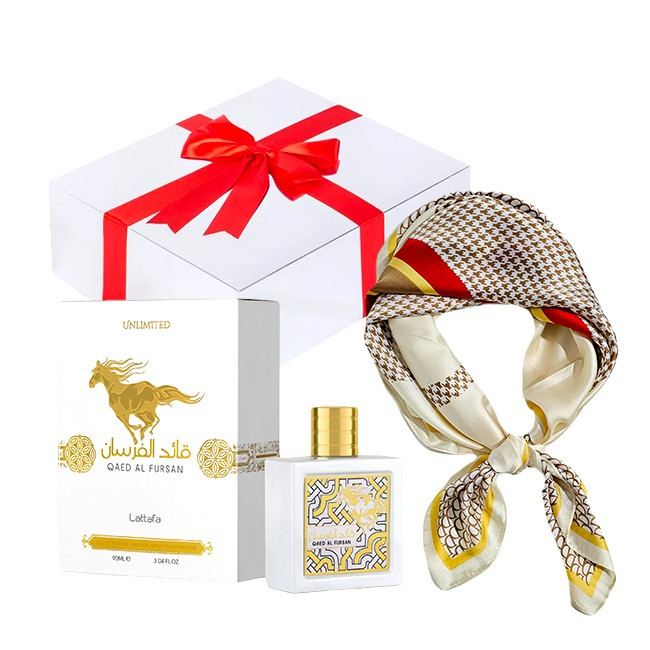 Set cadou Essence&Shawl: parfum Lattafa + esarfa satinata + cutie cadou cu funda (Parfum Aroma: Ajwad)