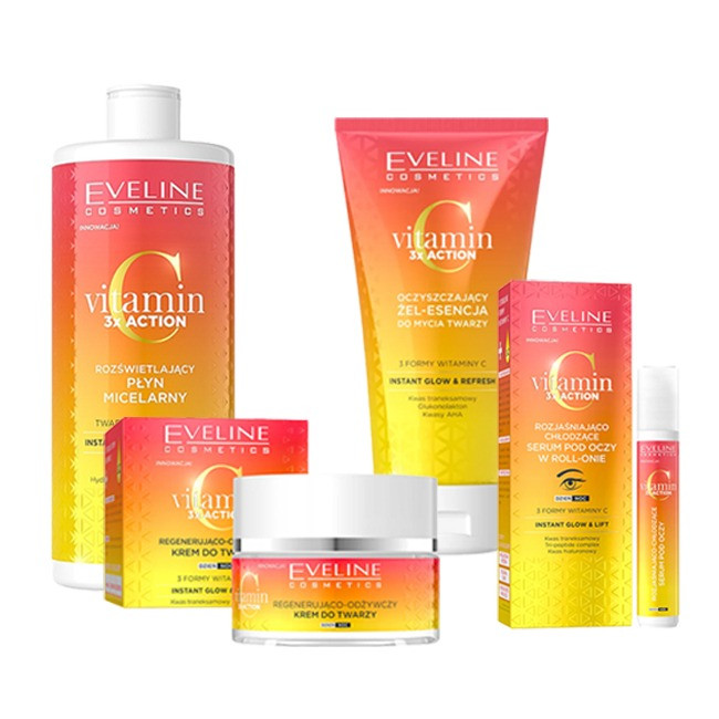 Set cadou Eveline Cosmetics Vitamin C 3x Action, Apa micelera pentru luminozitate si hidratare, 500 ml + Ser pentru ochi cu efect de iluminare roll-on, 15 ml + Gel esenta de curatare, 150 ml + Crema de fata regeneranta si hranitoare, 50 ml - 1 | YEO