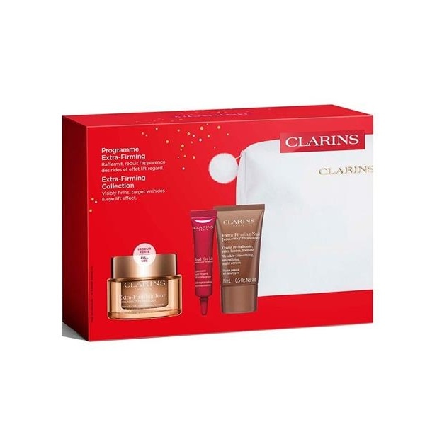 Set Clarins Programme Extra-firming – Crema de Zi 50 ml + Crema de Noapte 15 ml + Total Eye Lift + Double Serum, 0,9ml + Pouch