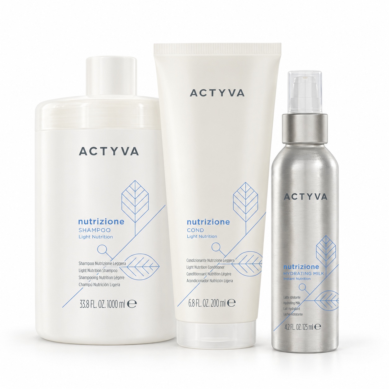 Set de hidratare Kemon Actyva Nutrizione, Sampon 1000 ml + Balsam 1000 ml + Lapte 125 ml