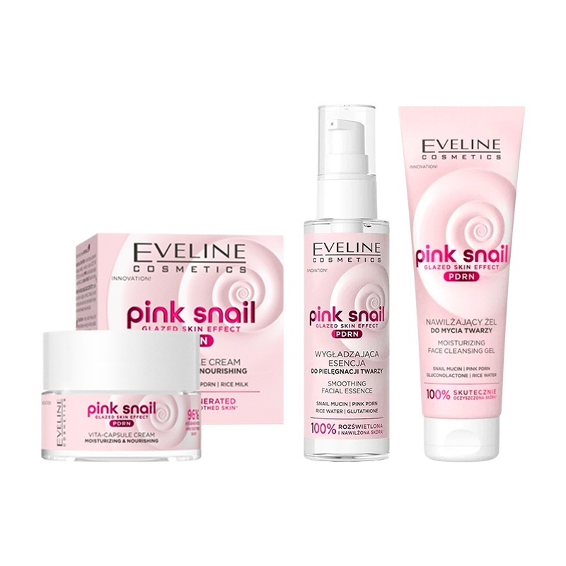 Set Ingrijire Ten Eveline Pink Snail PDRN – Crema Hidratanta 50 ml + Esenta Faciala 100 ml + Gel Curatare 150 ml