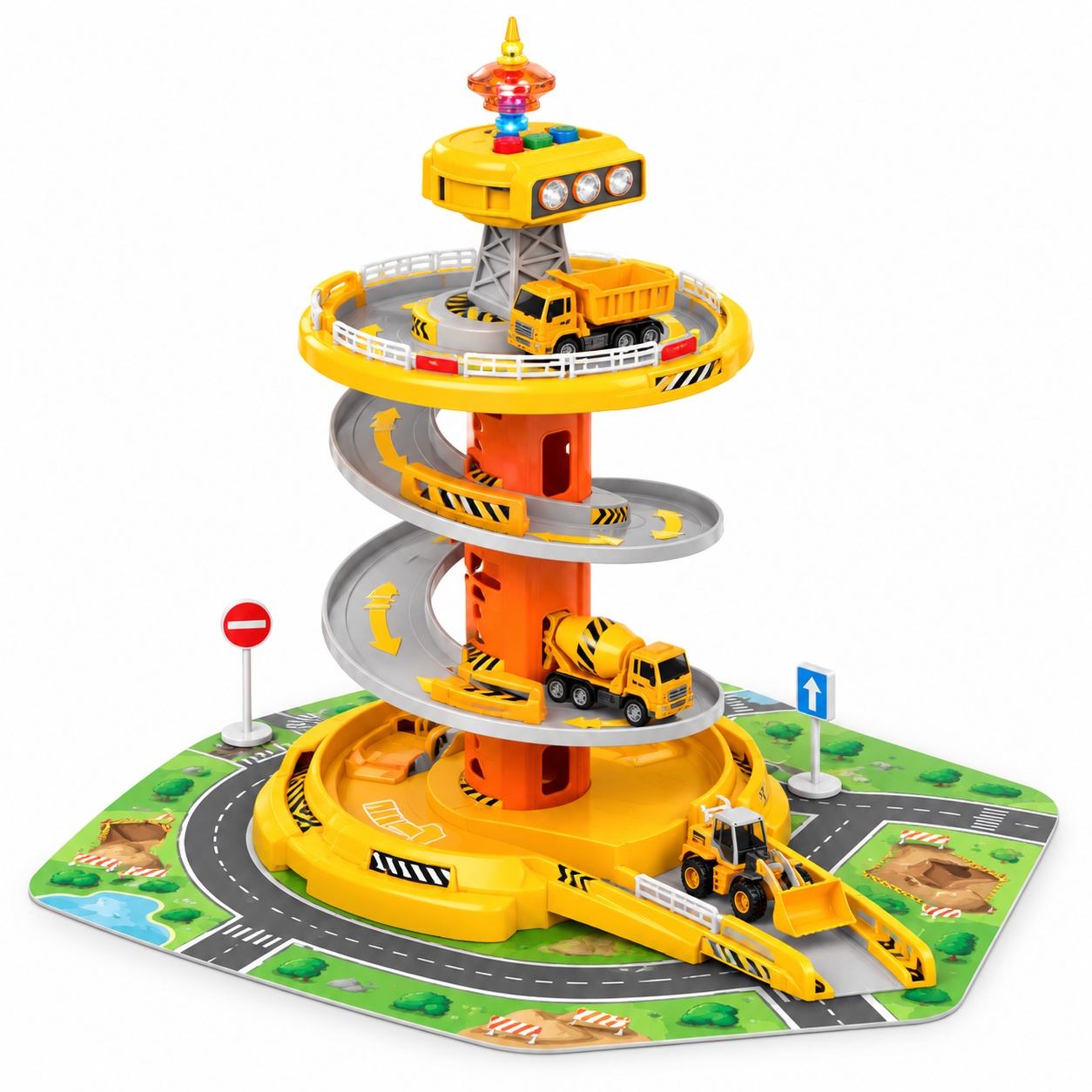 Set parcare supraetajata de constructii pentru copii, 3 niveluri, lumini si sunete, covoras si 3 vehicule, 26 piese, Galben