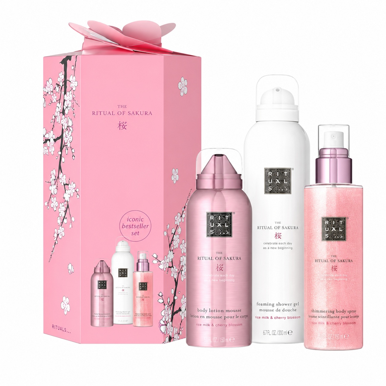 Set Rituals The Ritual of Sakura - Lotiune spuma pentru corp 150ml, Gel de dus spumant 200ml si Spray de corp 50ml