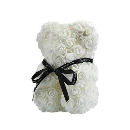 Ursulet floral din Trandafiri de spuma 25 cm, cu funda, in cutie cadou (Culoare bijuterii: White)