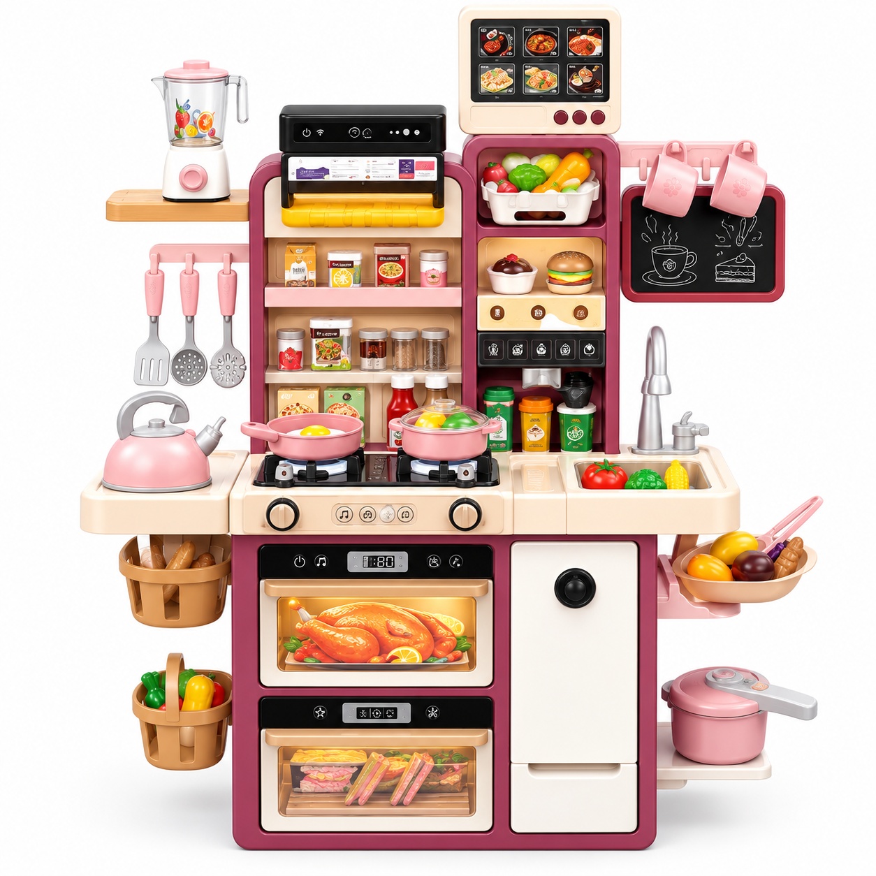 Bucatarie interactiva pentru copii Dream Kitchen, 98 cm, lumini, sunete, abur si apa, accesorii incluse, roz-crem, 3+ ani