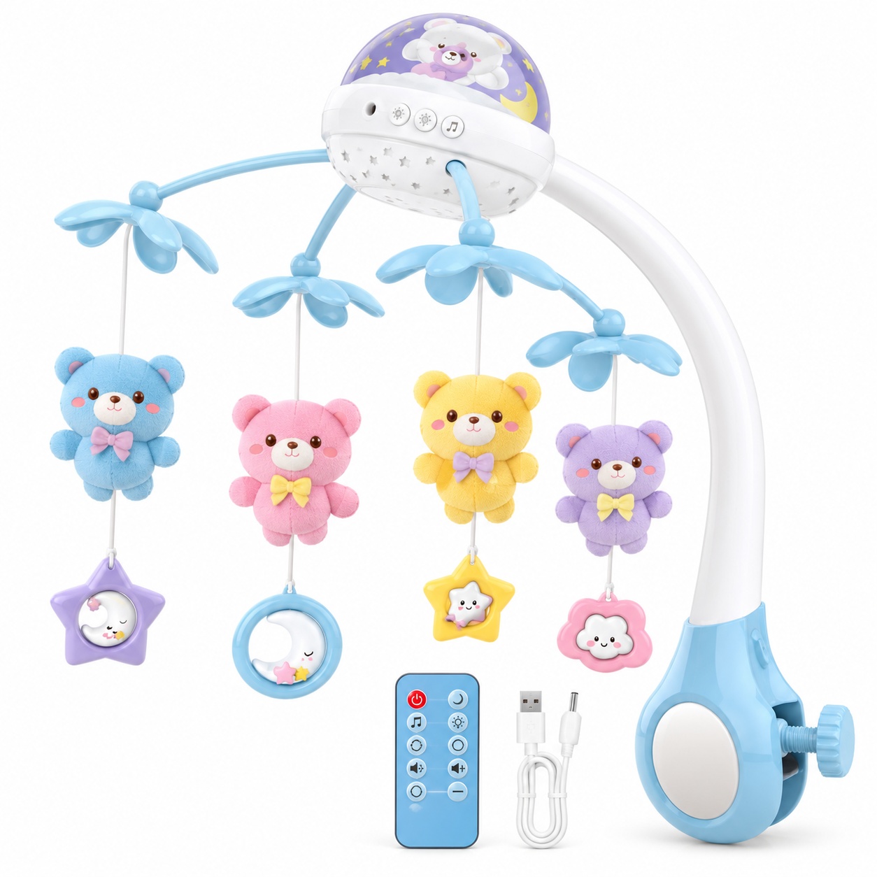 Carusel muzical pentru patut cu proiector, lumina de veghe, telecomanda si acumulator USB, albastru, 0 luni+