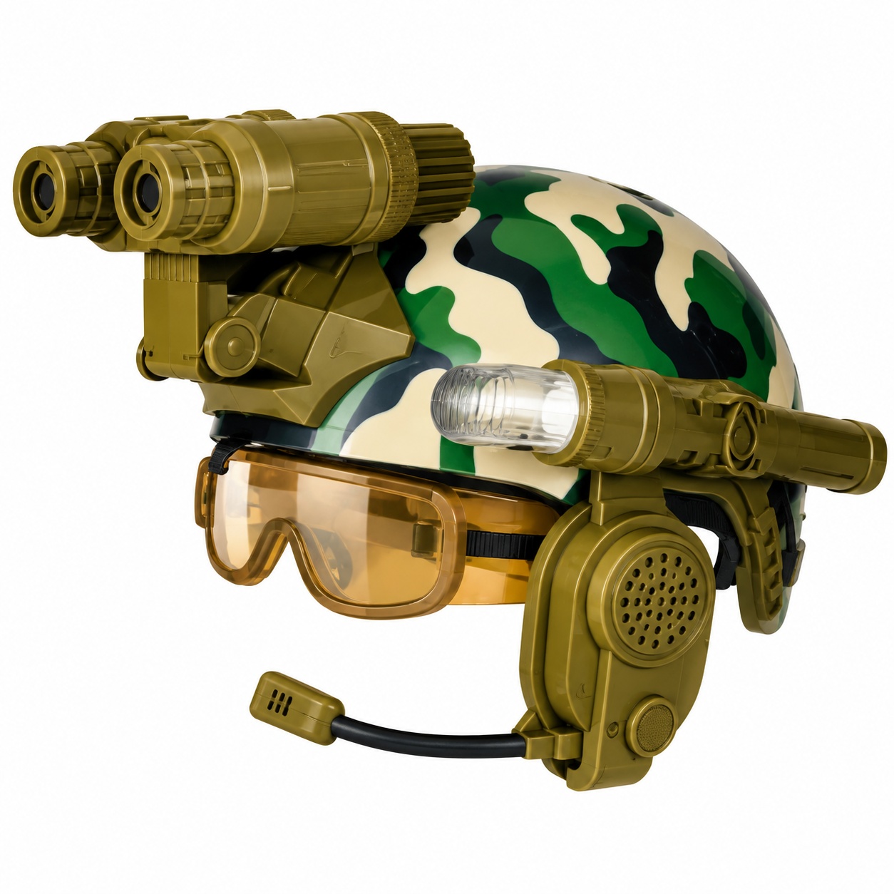 Casca militara de jucarie pentru copii, cu binoclu, lanterna si microfon, Camuflaj, 3 ani+