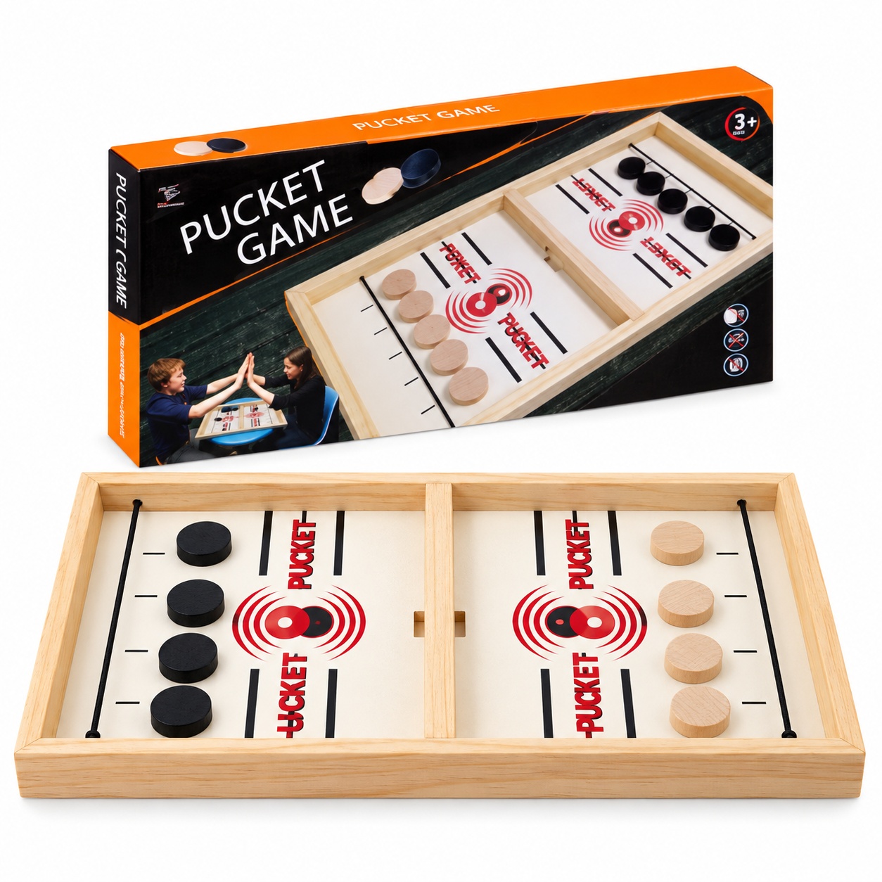 Joc de societate Pucket din lemn, cu discuri si lansare elastica, pentru 2 jucatori, 3 ani+