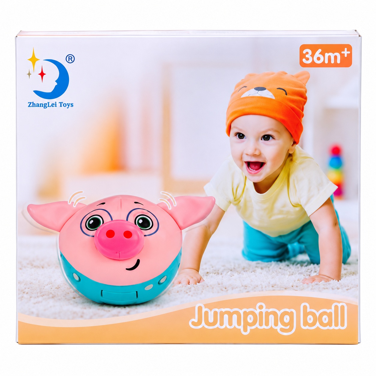Jucarie muzicala porcusor Jumping Ball, roz si turcoaz, 3 ani+