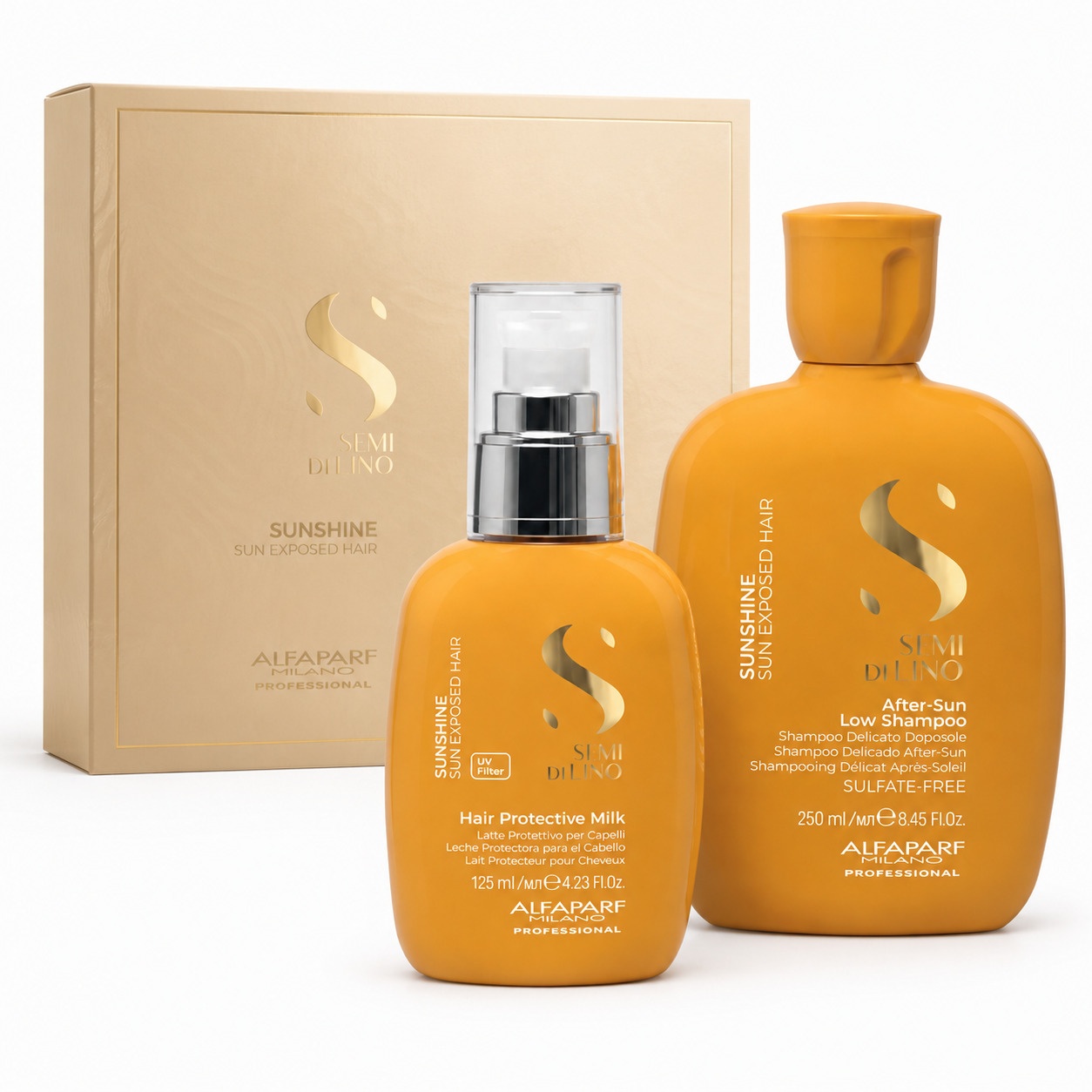Pachet Alfaparf Semi di Lino Sunshine After Sun - Sampon, 250 ml + Leave-in pentru Protectie Solara, 125 ml