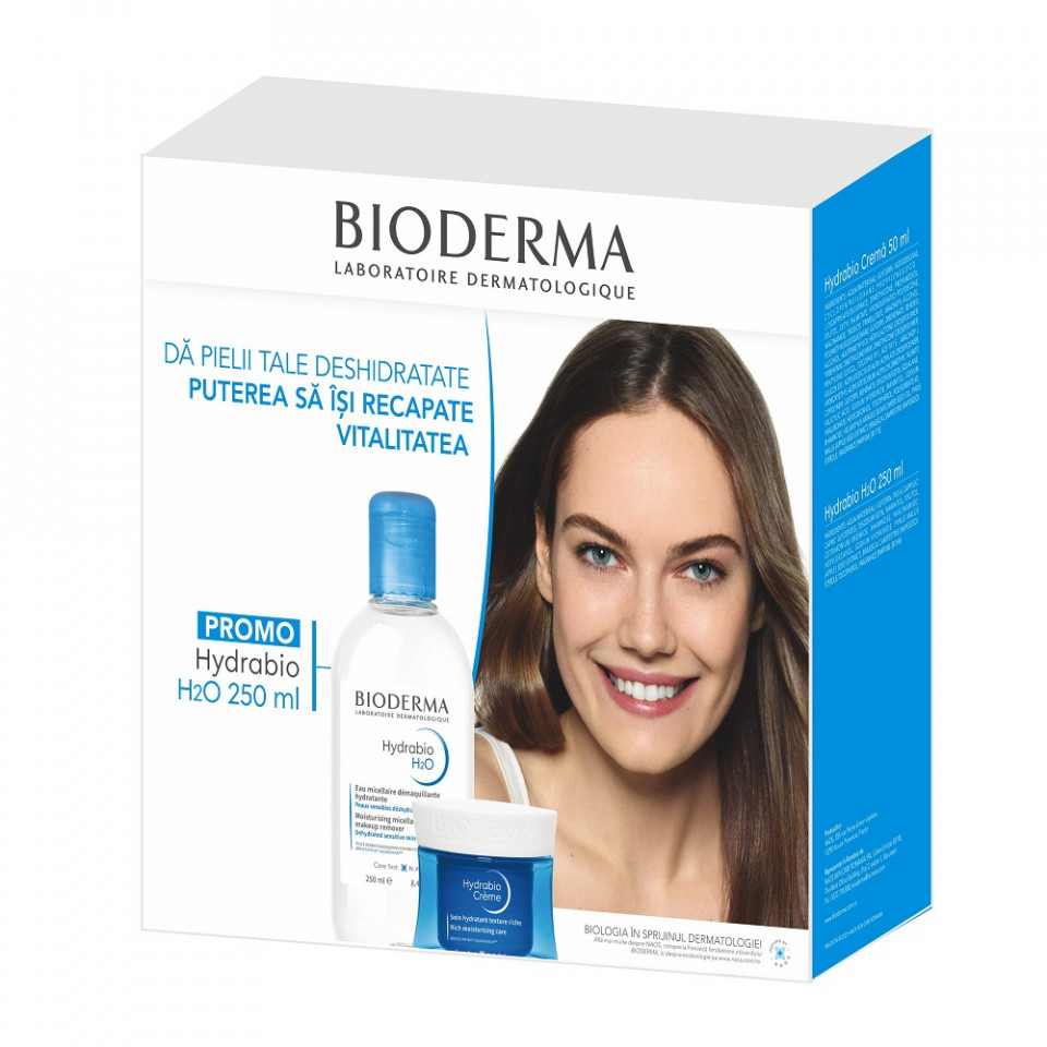 Pachet Bioderma Solutie micelara hidratanta Hydrabio H2O, 250 ml + Crema hidratanta Hydrabio, 50 ml