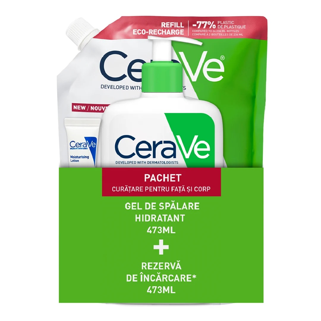 Pachet CeraVe Gel de spalare hidratant, 473 ml + Rezerva Gel de spalare hidratant, 473 ml