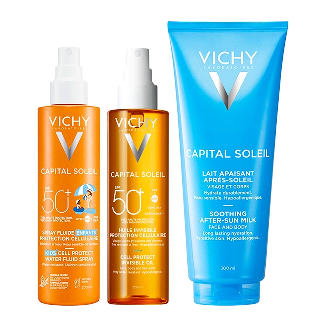 Pachet Vichy Capital Soleil – Spray protectie solara copii SPF 50+, 200 ml + Ulei invizibil protectie solara SPF 50, 200 ml + Lapte after sun calmant, 300 ml