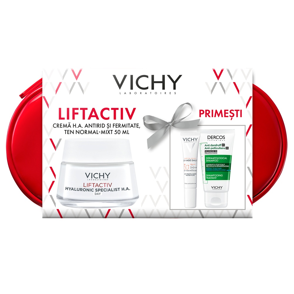 Pachet Vichy, Crema de zi Liftactiv Hyaluronic Specialist H.A, 50 ml, Fluid cu SPF 50+ Capital Soleil, 15 ml, Sampon anti-matreata Dercos, 50 ml