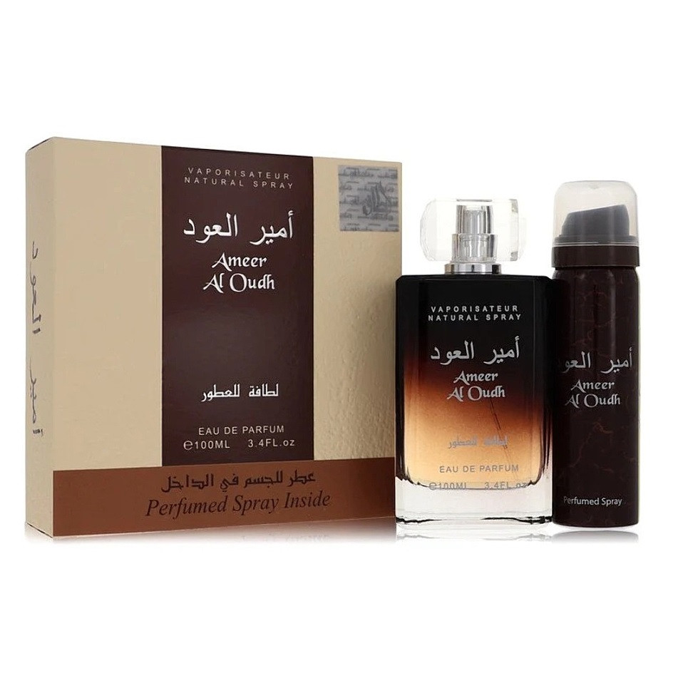 Set Ameer al Oudh Lattafa, Apa de Parfum, Barbati, 100ml + Deodorant spray, 50 ml