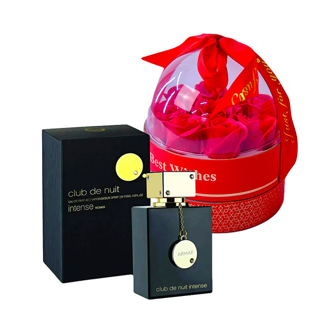 Set cadou Joy Together, cutie cu trandafiri de sapun in cupola si lantisor cu pandativ + parfum arabesc (Parfum Aroma: Club De Nuit Intense)