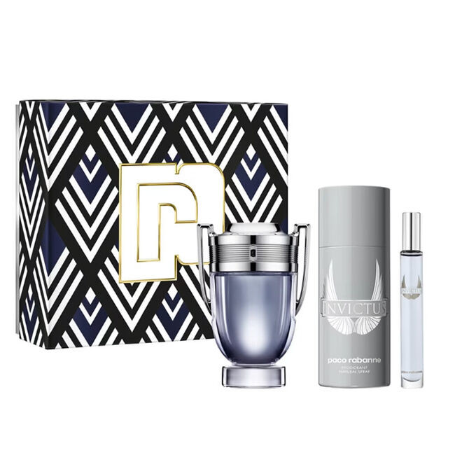 Set Cadou Paco Rabanne Invictus, Barbati, Apa de Toaleta (Continut set: 100 ml Apa de Toaleta + 150 ml Deo Spray + 10 ml Apa de Toaleta)
