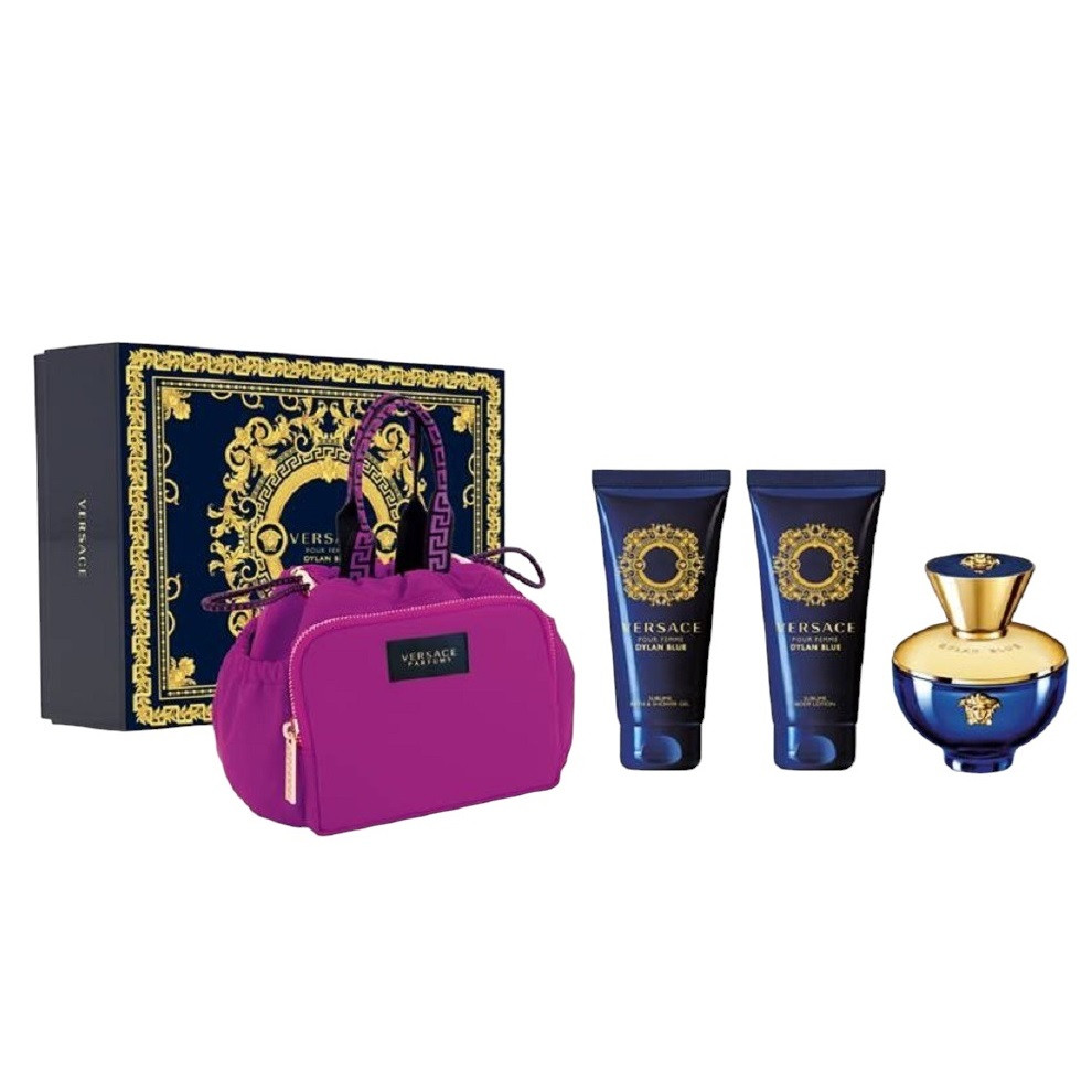 Set cadou Versace Dylan Blue, Femei, 100 ml Apa de Parfum, 100 ml Gel de Dus, 100 ml Lotiune de Corp, geanta