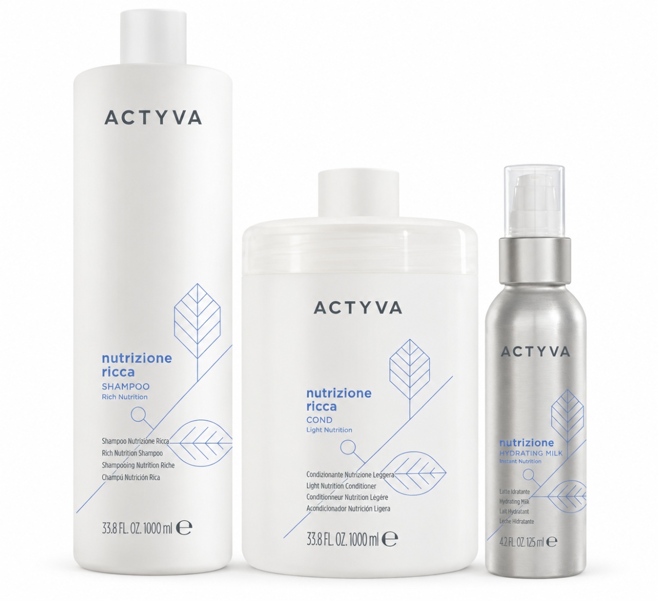 Set de hidratare Kemon Actyva Nutrizione Ricca, Sampon 1000 ml + Masca 1000 ml + Lapte hidratant 125 ml