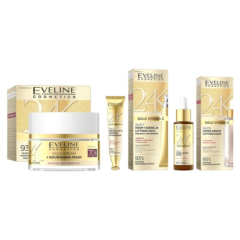 Set Eveline Cosmetics 24K Gold Vitamin C – Crema 70+ 50ml, Crema Ochi 15ml si Ser Lifting 30ml