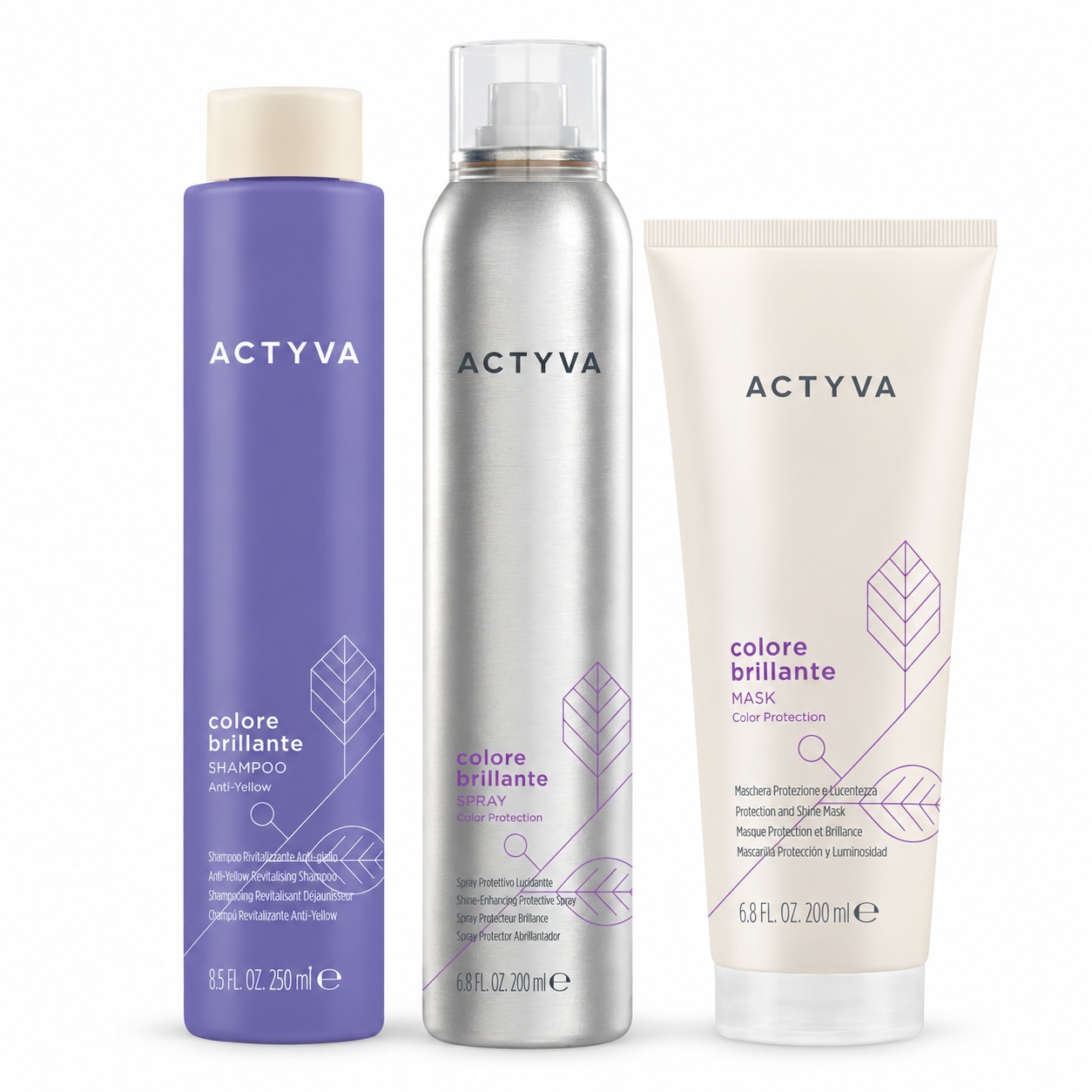 Set pentru par vopsit Kemon Actyva Colore Brillante, Sampon 250 ml + Spray 200 ml + Masca 200 ml