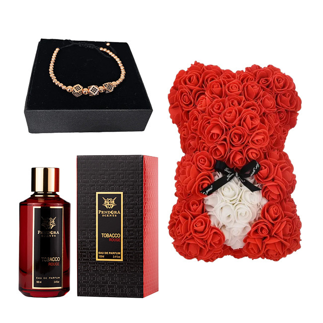 Set Red Love, ursulet floral 25 cm, Tobacco Rouge Paris Corner Apa de Parfum 100 ml, Bratara Charm din otel inoxidabil, Unisex, rose gold