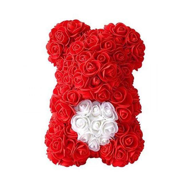 Ursulet floral 25 cm decorat manual cu trandafiri spuma, cu inima in cutie (CULOARE: Rosu)