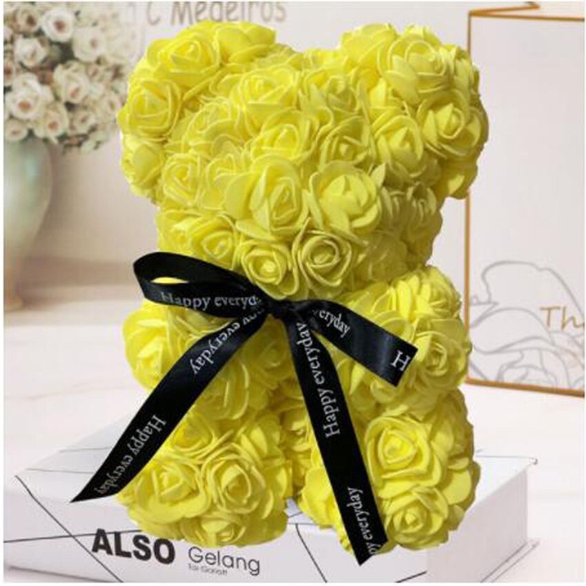 Ursulet floral din Trandafiri de spuma 25 cm, cu funda, in cutie cadou (Culoare bijuterii: galben)