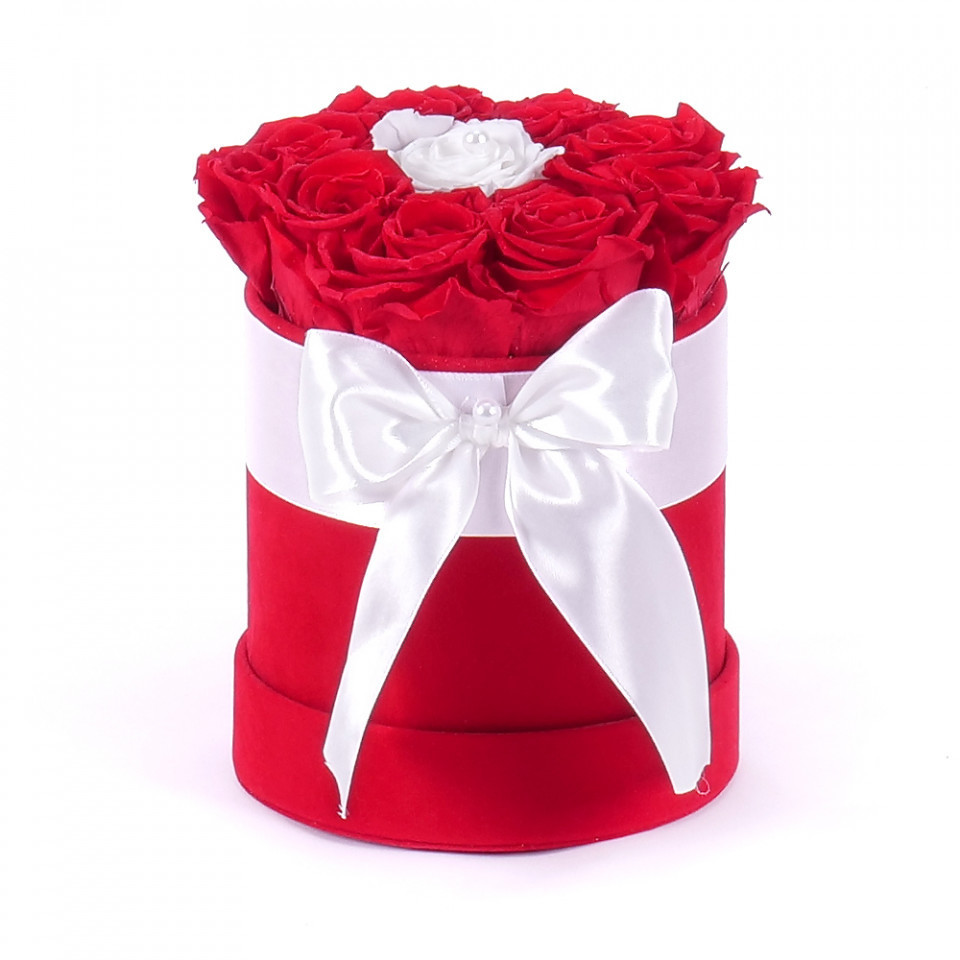 Aranjament floral Special One, cutie rotunda cu funda si trandafiri de sapun, rosu/alb (TIP PRODUS: Aranjament floral)