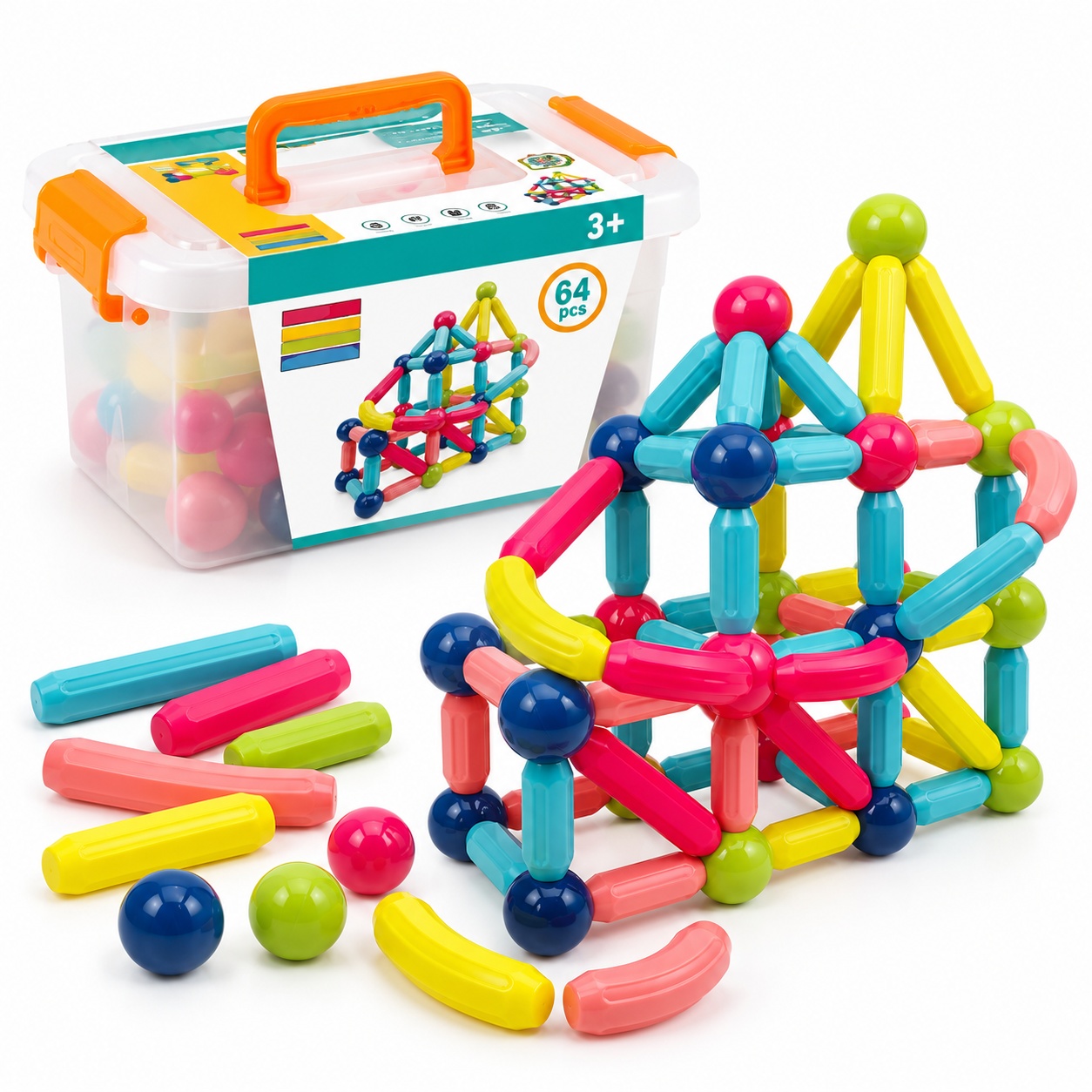 Joc educativ magnetic cu 64 de piese pentru constructii 3D, tije, bile colorate si cutie de depozitare cu maner, 3+ ani