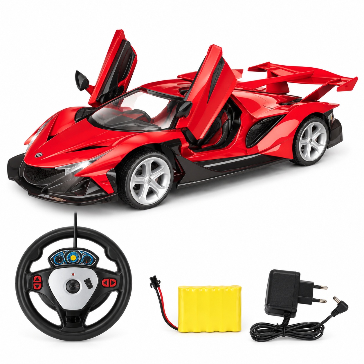 Masina cu telecomanda RC 1:14, usi cu deschidere, lumini, acumulator si incarcator incluse, rosie, 6 ani+