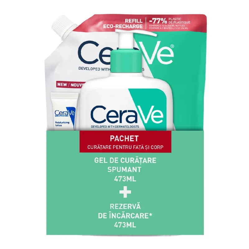 Pachet CeraVe Gel spumant de curatare, 473 ml + Rezerva Gel spumant de curatare, 473 ml