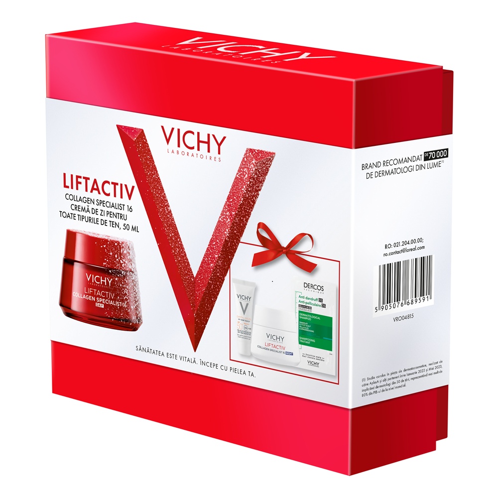 Pachet Crema de zi Liftactiv Collagen Specialist 16, 50 ml + Crema de noapte Liftactiv Collagen Specialist 16, 15 ml + Fluid cu SPF 50+ Capital Soleil, 3 ml + Sampon anti-matreata Dercos, 6 ml, Vichy