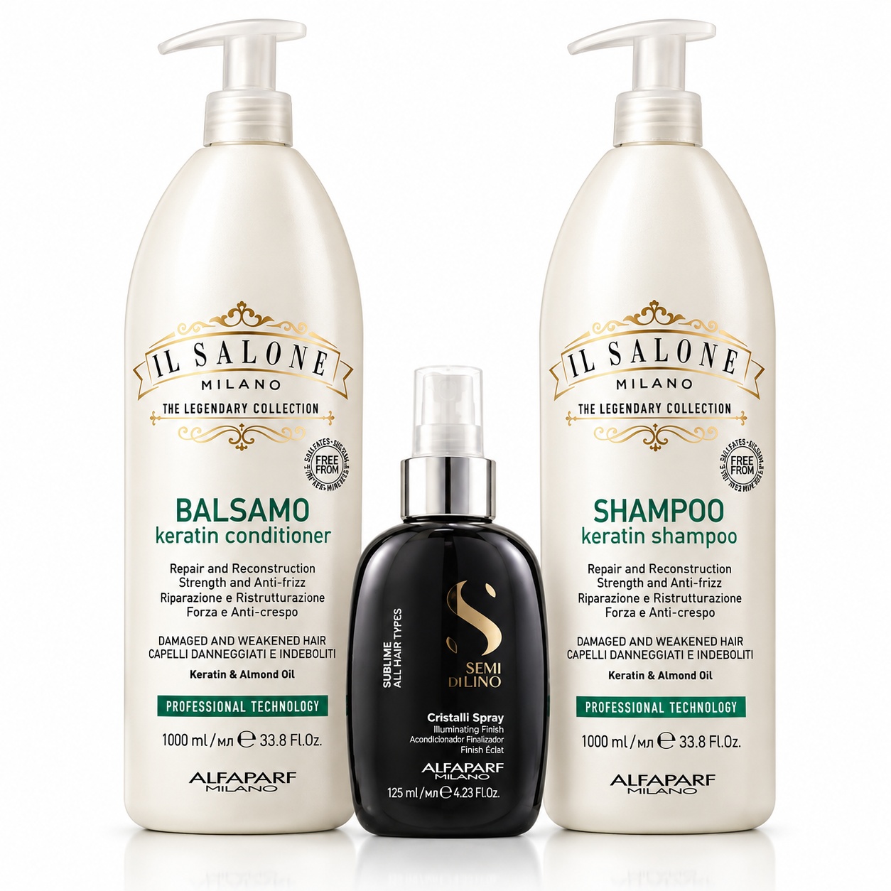 Set Alfaparf Milano, Șampon Keratin 1000 ml + Balsam Keratin 1000 ml + Cristalli Spray 125 ml