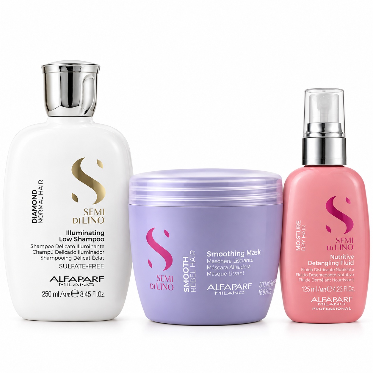 Set Alfaparf Milano Semi di Lino, Șampon Diamond 250 ml + Mască Smooth 500 ml + Fluid Moisture 125 ml