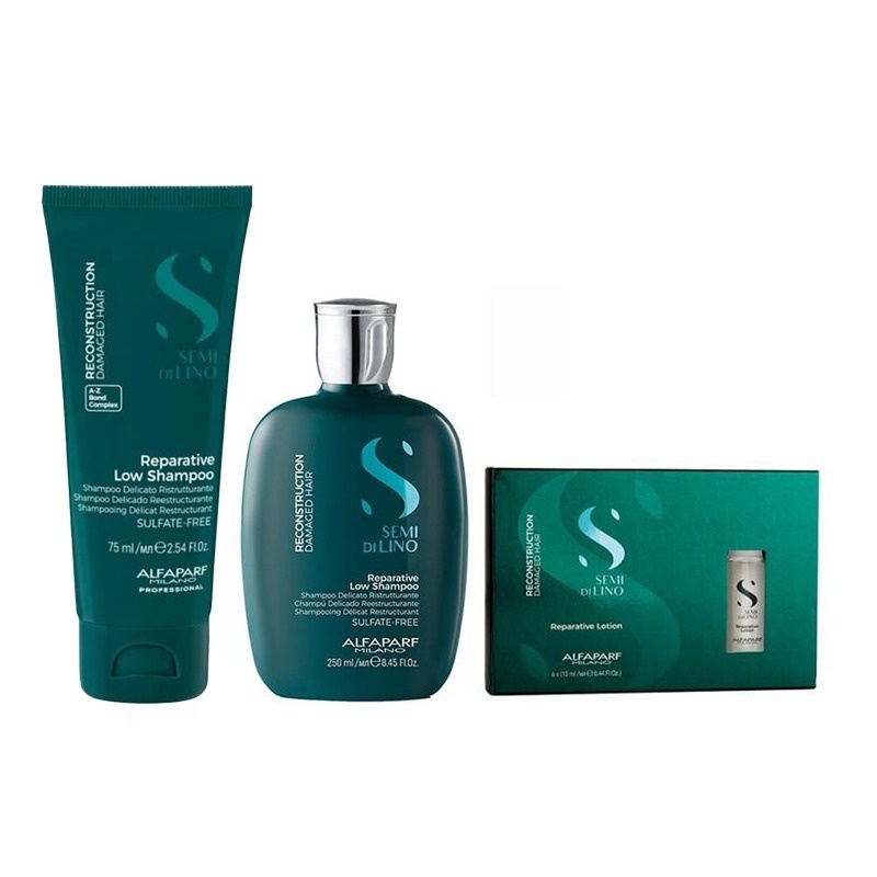 Set Alfaparf Semi di Lino Reconstruction – Sampon 250 ml + Sampon Travel Size 75 ml + Lotiune, 6x13 ml