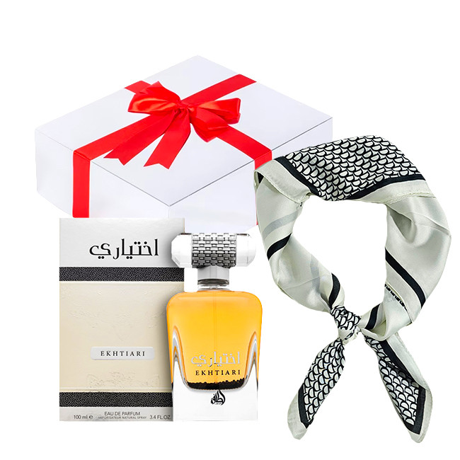 Set cadou Essence&Shawl: parfum Lattafa + esarfa satinata + cutie cadou cu funda (Parfum Aroma: Ekhtiari)