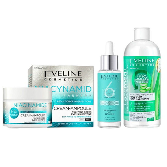 Set cadou Eveline Niacinamide Clear Glow, Crema pentru ten cu imperfectiuni, 50 ml + Ser reparator lipidic cu ceramide, 6 Ceramide, 30 ml +...