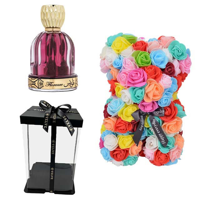 Set cadou fete, Ursulet floral din spuma 25 cm si Parfum Wadi Al Khaleej Florence 100 ml