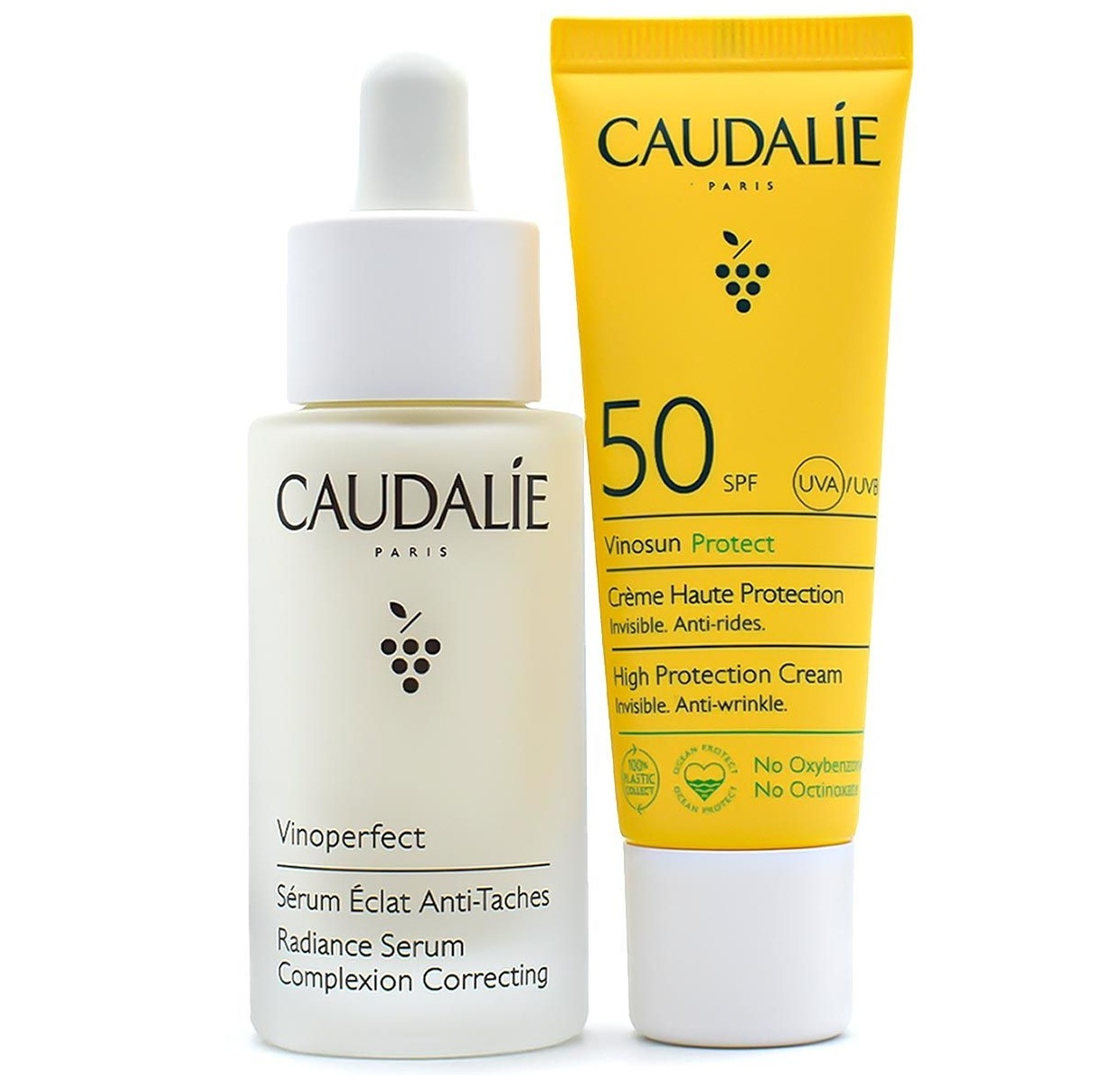 Set Caudalie Vinoperfect si Vinosun, Ser iluminator anti-pete 30 ml + Crema de fata cu protectie solara SPF 50, 25 ml