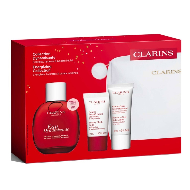 Set Clarins Eau Dynamisante – Apa de Tratament 100 ml + Beauty Flash Balm 15 ml + Lotiune Corp 30 ml + Pouch