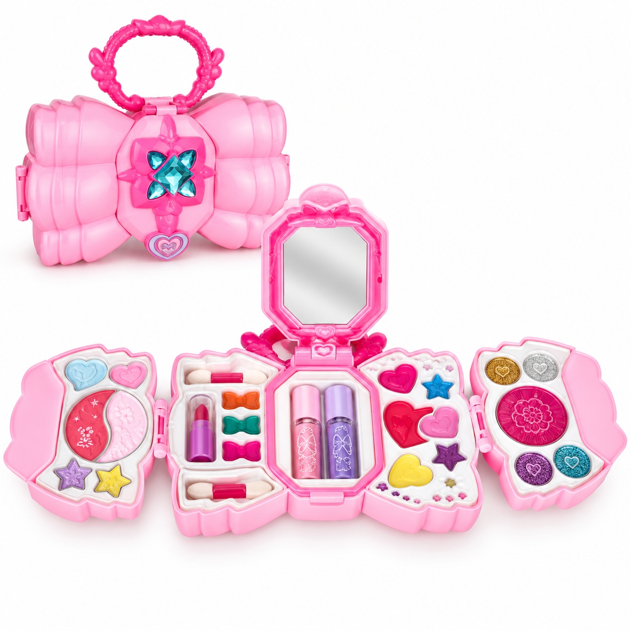 Set de infrumusetare pentru fete in gentuta tip funda, cu oglinda si cosmetice, roz