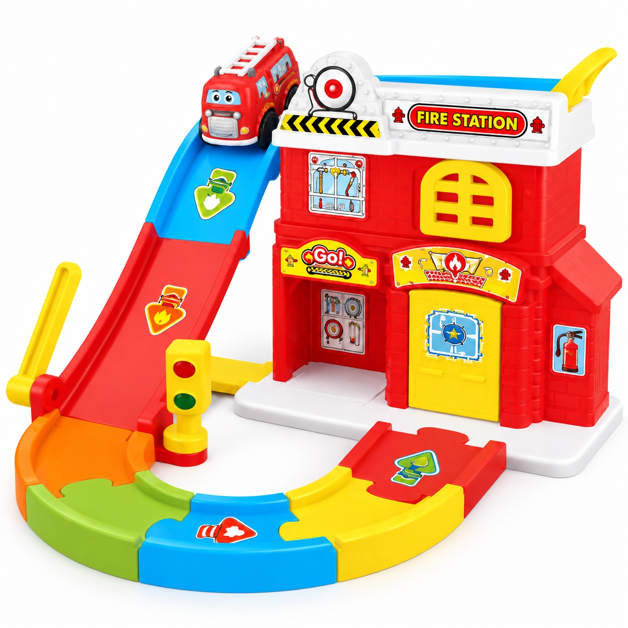 Set de joaca Statie de pompieri Builder Track, circuit cu rampa si masinuta, 13 piese, 18 luni+
