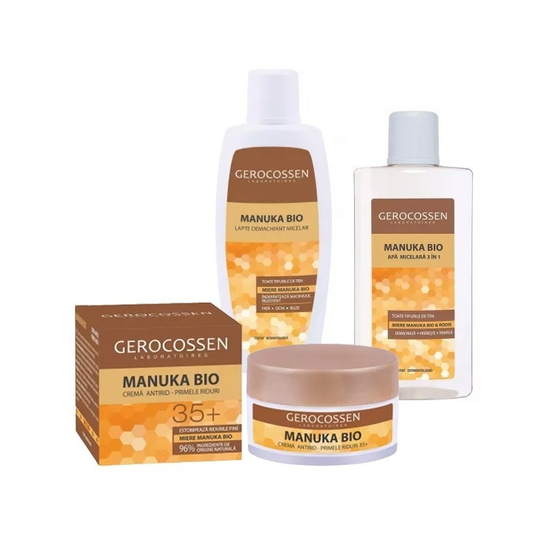 Set Gerocossen Manuka Bio – Crema Antirid 35+, 50ml, Lapte Demachiant 200ml si Apa Micelara 3in1 400ml