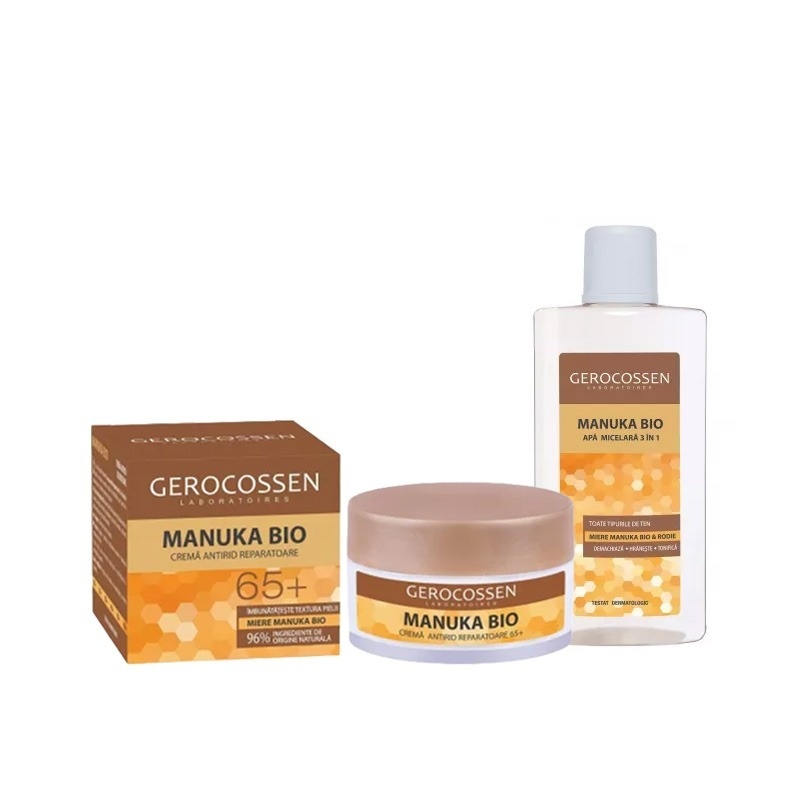 Set Gerocossen Manuka Bio – Crema Antirid 65+, 50ml si Apa Micelara 3in1 400ml