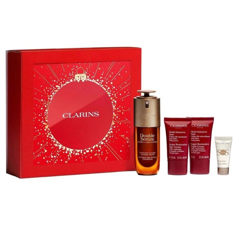 Set Ingrijire Clarins Double Serum & Multi-Intensive, Femei – Serum Antirid, Crema Zi, Crema Noapte si SOS Primer