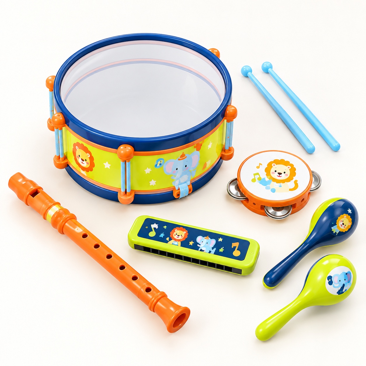 Set instrumente muzicale pentru copii cu toba, fluier, muzicuta, tamburina si maracas, multicolor, 3 ani+